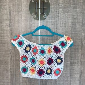 Forever 21 California Floral‎ Crochet Off Shoulder Crop Top